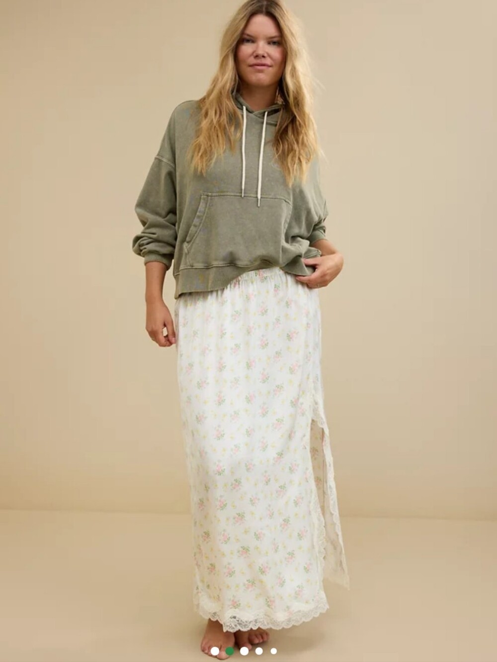 Aerie Satin Floral Lace-Trim Maxi Skirt in White